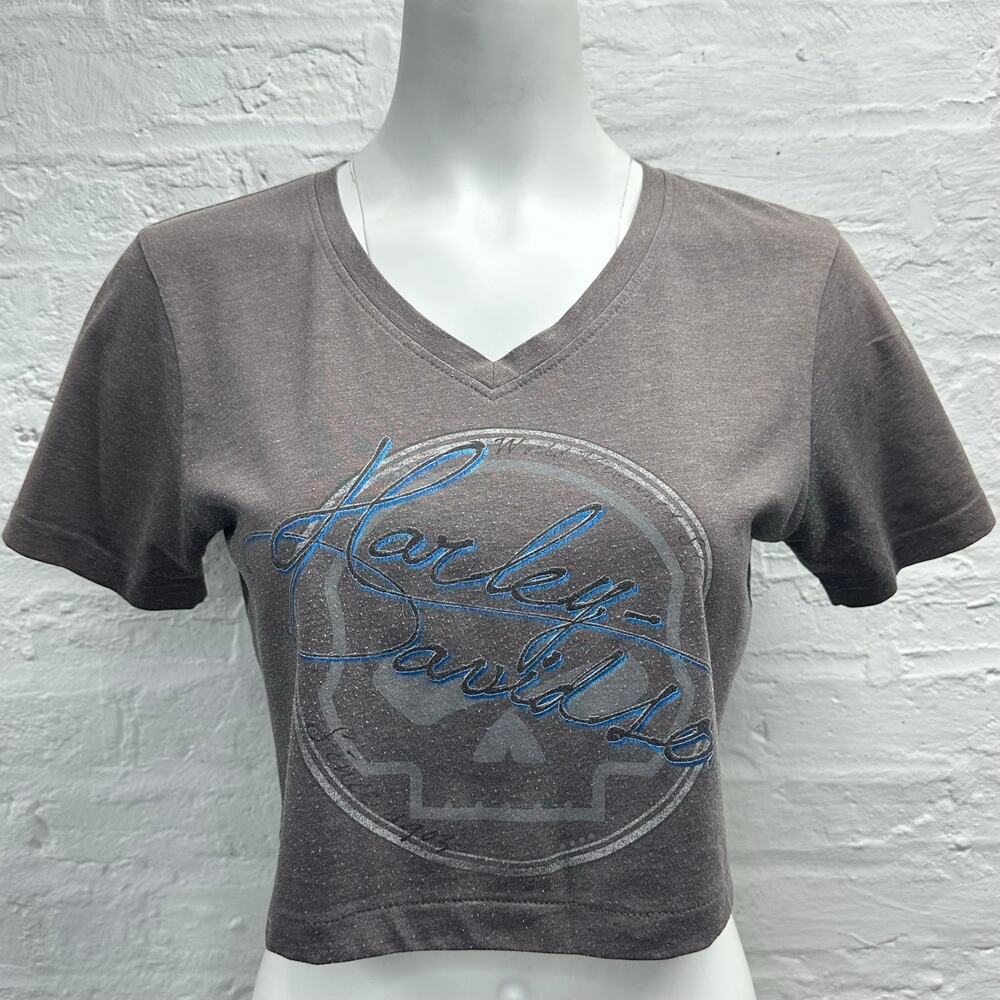 Reworked Harley Davidson Grey Skull Cropped Baby Tee